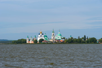 Picturesque aerial view of Spaso-Yakovlevsky Monastery in Rostov, Russia. The Golden Ring of Russia.