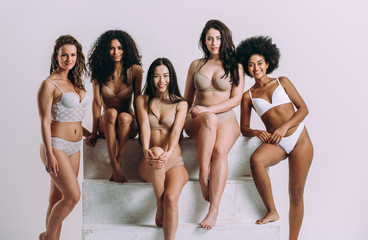 Group of women with different body and ethnicity posing together to show the woman power and...