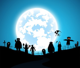 illustration blue background,festival halloween concept,full moon on dark night with many ghost,scarecrow,frankenstein and devil walking to castle for celebration halloween day