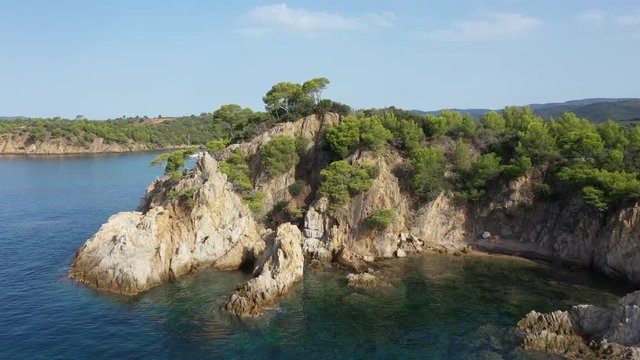 Aerial view of Cap Leoube and estagnol beach located near Bormes les mimosas in Var department, south of France