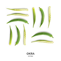 Seamless pattern with okra. Tropical abstract background. Okra on the white background.