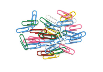 Colored paper clips on white background