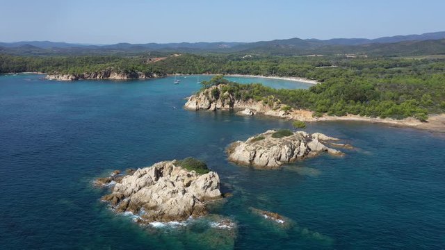 Aerial view of Cap Leoube and estagnol beach located near Bormes les mimosas in Var department, south of France