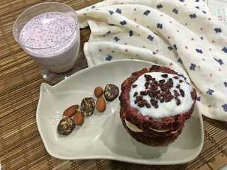 Red velvet pancakes with yogurt mixed dragon fruit and coffee cookies and almonds 