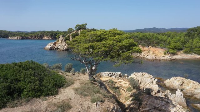 Aerial view of Cap Leoube and estagnol beach located near Bormes les mimosas in Var department, south of France