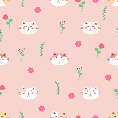 Cute cat seamless pattern background. Vector illustration.