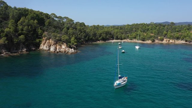 Aerial view of Cap Leoube and estagnol beach located near Bormes les mimosas in Var department, south of France