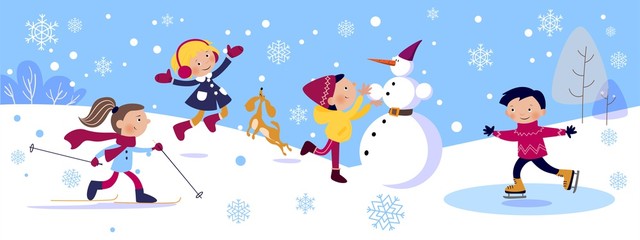 Vector illustration, kids playing on winter, card concept.