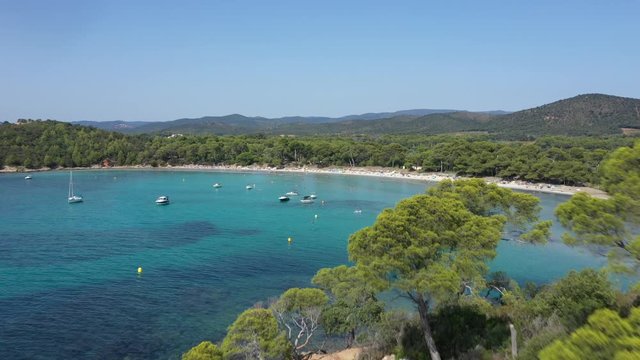 Aerial view of Cap Leoube and estagnol beach located near Bormes les mimosas in Var department, south of France