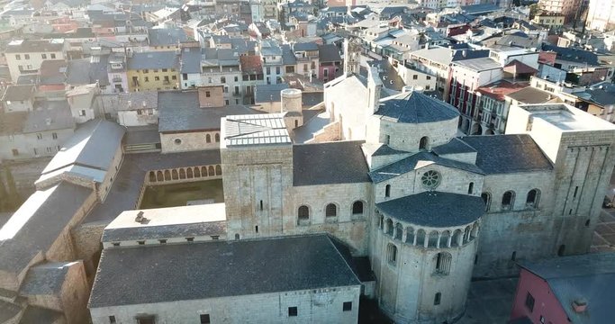 Aerial view of Spanish city of la Seu d'Urgell with Romanesque Cathedral of Santa Maria in autumn day