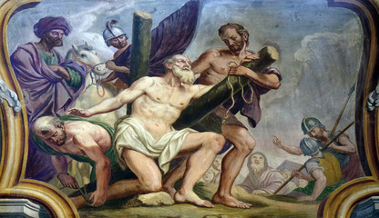Naklejka premium Saint Andrew the Apostle, fresco on the ceiling of the Cathedral of St Nicholas in Ljubljana, Slovenia