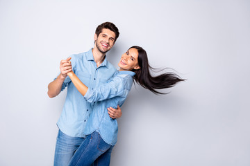Portrait of his he her she nice attractive charming lovely cheerful cheery positive couple wearing...