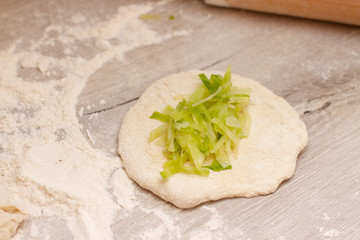 a filling of vegetables for pies on a slice of dough