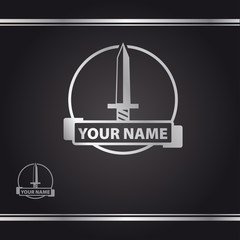 Silver logo with sword in circle. Logo design template. Logotype. Watermark
