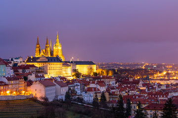 Fototapeta na wymiar Prague Castle and Lesser Town panorama by night. View from Petrin Hill. Prague, Czech Republic. View of Prague Castle from Strahov monastery at night. Prague, Czech Republic