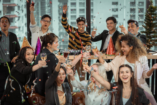 Party activities Celebration Group Friends office have fun with the new year. dance party. The event company for people in the organization has a DJ play music, free ,drink groups, friends. 