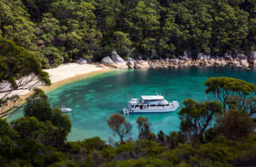 Fototapeta na wymiar Stunning Sealers Cove in the heart of Wilsons Promontory National Park is a mecca for hikers and tour boats alike.