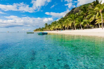 Crédence de cuisine en verre imprimé Le Morne, Maurice Beautiful view of luxury beach in Mauritius. Transparent ocean, beach, coconut palms and sky