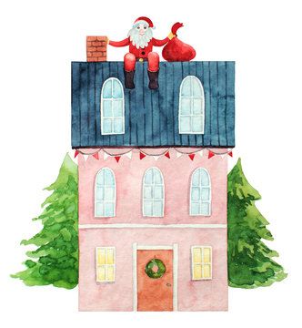 Watercolor winter house. Fairytale illustration