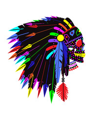 Colorful skull icon with indian feather headdress, vector illustration 