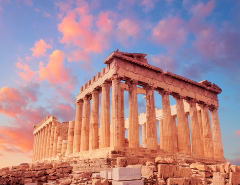 Parthenon temple on a sunset, the Acropolis in Athens, Greece