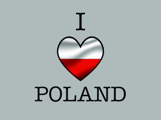Poland National flag inside Big heart and meaning i LOVE. Original color and proportion. vector illustration,  set. Isolated on gray background