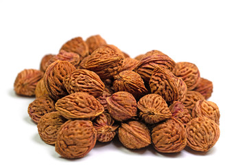 Pfirsichkerne vor weißem Hintergrund