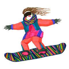 Girl on colorful snowboard. Jumping woman with long hair, in goggles and bright sport costume. Hand drawn raster illustration. Isolated on white.