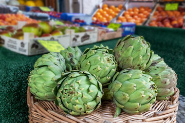 Fototapeta premium Close up view of green artichokes with selective focus
