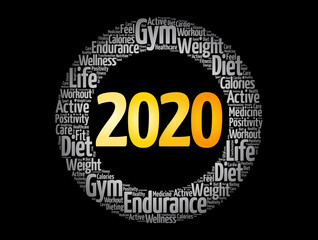 2020 health and sport goals word cloud, concept background