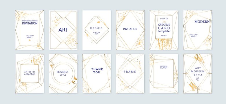 Modern card design. Hand drawn splatters. Gold, white brochure, flyer, invitation template. Business identity style. Geometric shape. Vector.