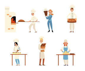 Cartoon people in bakery - flat isolated set. Chef men and women baking bread