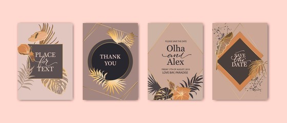 Set of elegant brochure, card, background, cover. Geometric frame. Palm, exotic leaves. Save the date, invitation, birthday card design.