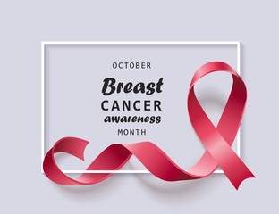 Breast cancer awareness banner with realistic pink ribbon with swirl shape.