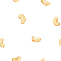 Cashew hand drawn watercolor illustration. Seamless pattern.