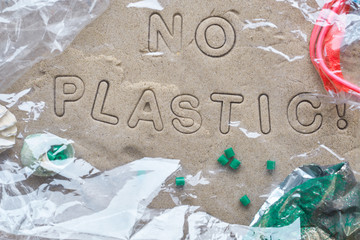 No plastic text on sand framed with various debris and covered with transparent film