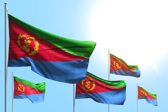 pretty independence day flag 3d illustration. - 5 flags of Eritrea are waving on blue sky background