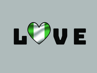 Nigeria National flag inside Big heart and lettering LOVE. Original color and proportion. vector illustration, world countries from set. Isolated on white background