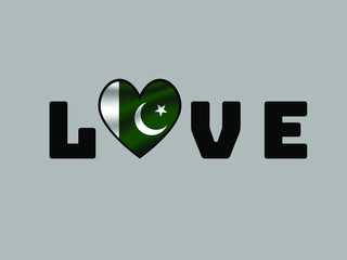Pakistan National flag inside Big heart and lettering LOVE. Original color and proportion. vector illustration, world countries from set. Isolated on white background