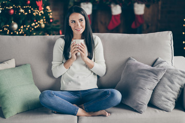Full body photo of positive cheerful girl enjoy x-mas celebration holidays think plan ponder fest...