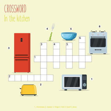 Easy crossword puzzle 'In the kitchen', for children in elementary and middle school. Fun way to practice language comprehension and expand vocabulary. Includes answers. Vector illustration.