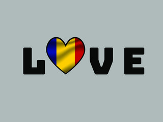 Romania National flag inside Big heart and lettering LOVE. Original color and proportion. vector illustration, world countries from set. Isolated on white background