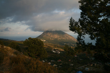 View of Gurzuf city, Ayu-Dag Mountain and Black sea, Crimea, Russia.