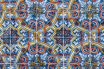 Azulejo is a form of Portuguese or Spanish painted, tin-glazed, ceramic tile work. Azulejos is traditional Portugese tiles in Aveiro. Architecture ornament. Aveiro, Portugal.