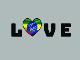 Ethiopia National flag inside Big heart and lettering LOVE. Original color and proportion. vector illustration, world countries from set. Isolated on white background