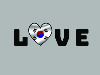 South Korea  National flag inside Big heart and lettering LOVE. Original color and proportion. vector illustration, world countries from set. Isolated on white background