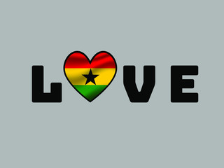Ghana National flag inside Big heart and lettering LOVE. Original color and proportion. vector illustration, world countries from set. Isolated on white background