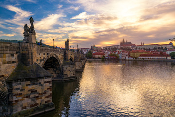 Scenic view on Vltava river and historical center of Prague, buildings and landmarks of old town, Prague, Czech Republic. Charles Bridge (Karluv Most) and Lesser Town Tower, Prague, Czechia