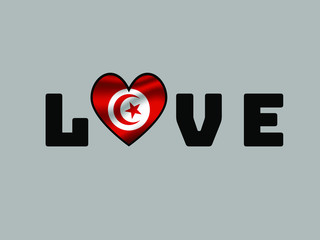 Tunisia National flag inside Big heart and lettering LOVE. Original color and proportion. vector illustration, world countries from set. Isolated on white background