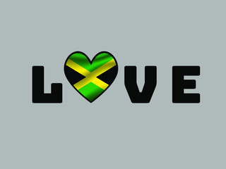 Jamaica National flag inside Big heart and lettering LOVE. Original color and proportion. vector illustration, world countries from set. Isolated on white background